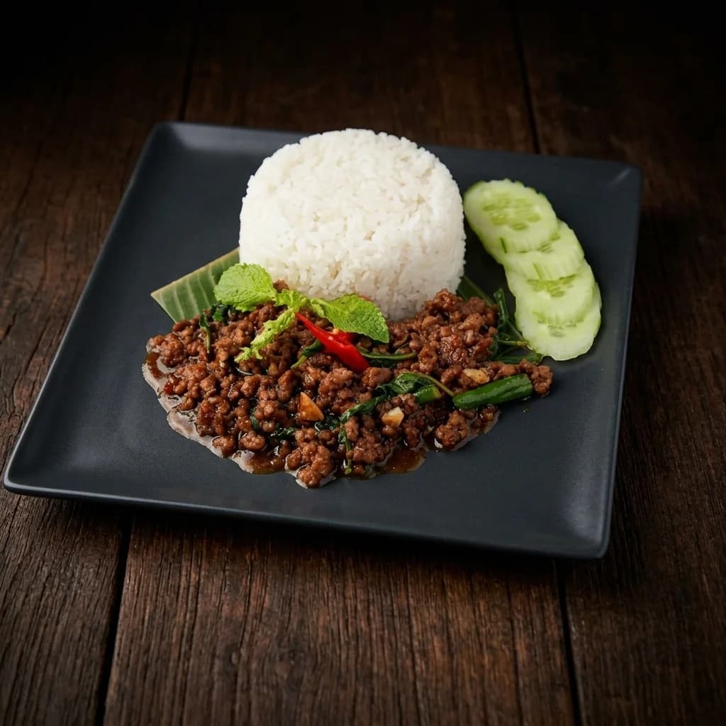 Pad Kra Pao — mielone mięso z chili, czosnkiem i tajską bazylią, danie z karty MADAMe Thai w Warszawie